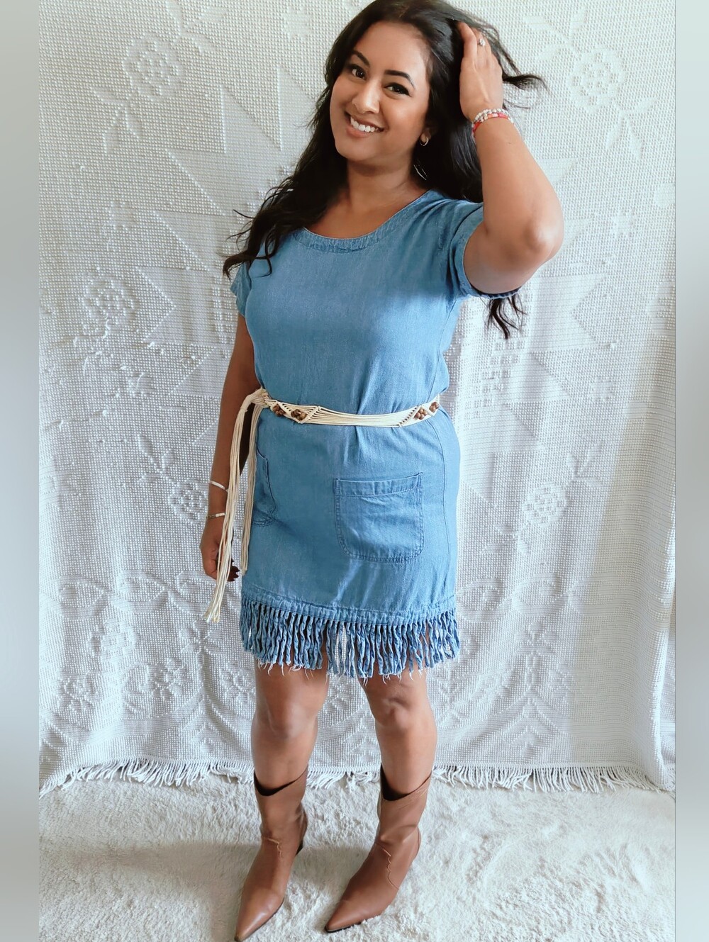 Las Olas Light Wash Fringe Denim Dress | 100% Cotton | Size S (Fits M) | Western